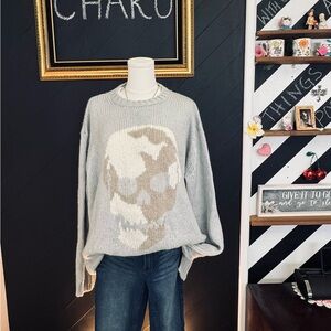 Wooden Ships Gray and Tan Skull Sweater